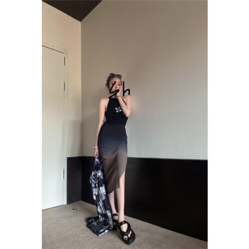 2021 new black gradient split vest long skirt modal was thinner and taller European and American suspender dress women