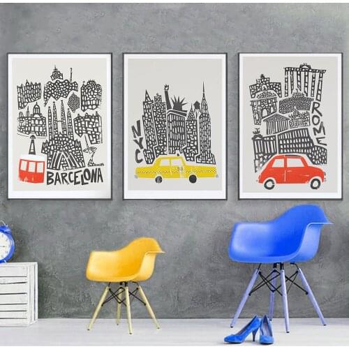 Retro Travel Poster and Print Rome New York Barcelona Cityscape Canvas Painting Modern Wall Pictures for Living Room Home Decor