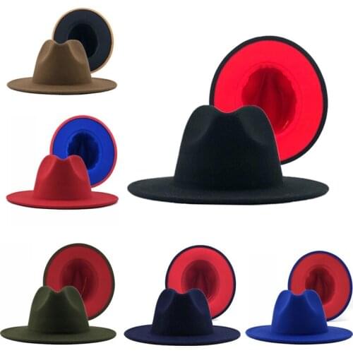 Black Red Patchwork Wool Felt Jazz Fedora Hat Women Unisex Wide Brim Panama Party Cowboy Hat Men Gentleman Hat
