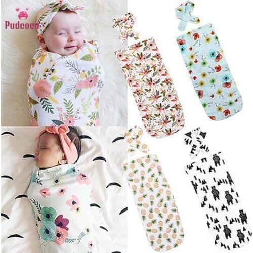 Pudcoco Brand Cute Newborn Cartoon Baby Swaddle Blanket Baby Sleeping Swaddle Muslin Wrap Headband Sleeping Bag