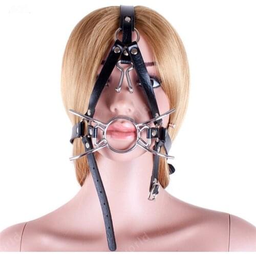 PU Leather Adjustable Belt Spider O ring Open Mouth Gag, Head Harness Muzzle With Nose Hook,BDSM Fetish Adult Flirting Sex Toys