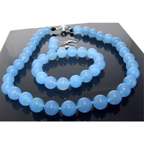 Sellin>One Set 18" Necklace Bracelet Earring Blue Jadeite 10mm Gem stone Knotted Each Beads >free shipping
