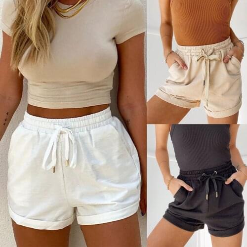 Casual Wild Solid Color Shorts Female Elastic High Waist Lace-Up Rolled Cuff Loose Fitting Stylish Summer Daily Wear Shorts