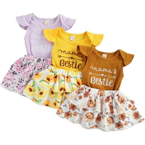 Cute Newborn Toddler Baby Girls Fresh Letter Embroidery Fly Sleeve Romper Flower Double Layer Ruffled Skirts 2pcs Summer Outfits