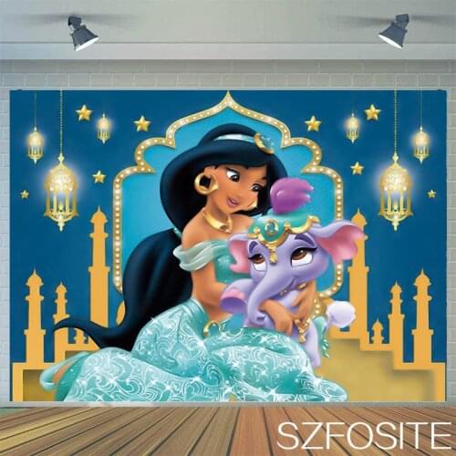 Cartoon Cute Little Elephant Backdrop Princess Picture Jasmine Girl Birthday Party Room Decorated Photography Photo Vinyl Banner