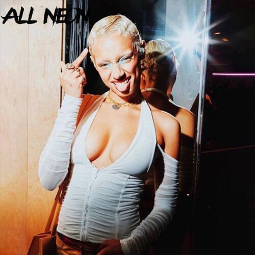 ALLNeon Sexy Cropped Tops Women Solid Halter Open Shoulder Deep V Zippers Mesh Sleeve Fashion Crop T Shirt Streetwear Autumn