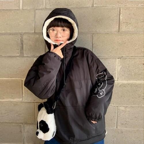 Women Hooded Winter Jackets Pullover Outwear Thick Fleece Warm Pullover Coats Cute Bear Preppy Style For Teenage Girls Black