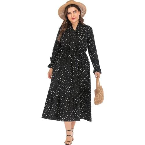 6XL Plus Size Shirt Dresses Women Polka Dot Summer Casual Long Sleeve Bohemian Maxi Dress Bow Knot Collar Tunic Beach Dresses
