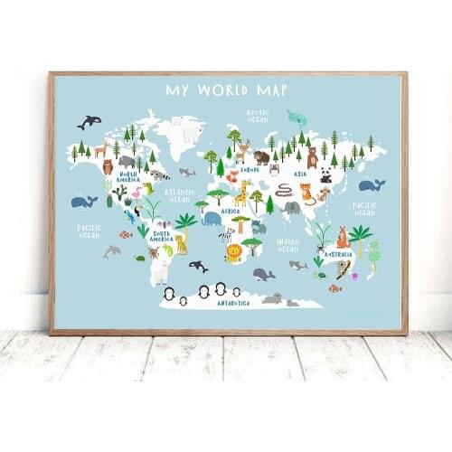 Animal World Map Nursery Wall Art Canvas Painting Scandinavian Posters and Prints Cute Cartoon Animals Pictures Kids Room Decor