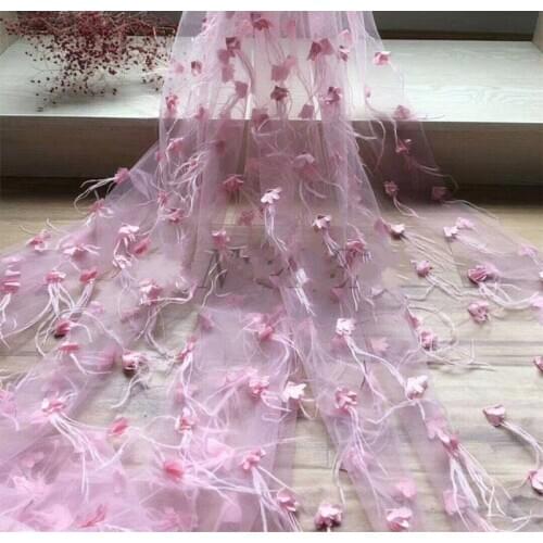 1Y/Lot White black pink feather 3D flower sewing embroidered mesh fabric wedding dress decoration cloth accessories