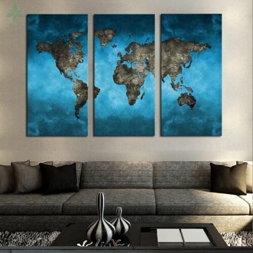 Blue Abstract World Map 3 Pcs Kit Canvas Painting Modern Home Wall For Decoration