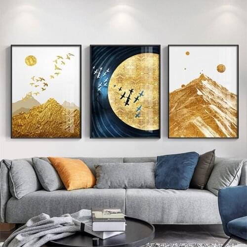 3 Pieces Abstract Blue Golden Poster Modern Landscape Canvas Painting Wall Art Nordic Print Picture Living Room Decoration