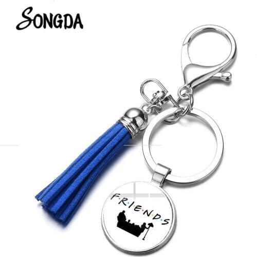 2019 Friends TV Show Keychain Central Perk Coffee Time Friendship Theme Glass Round Blue Tassel Key Chain Christmas Gift