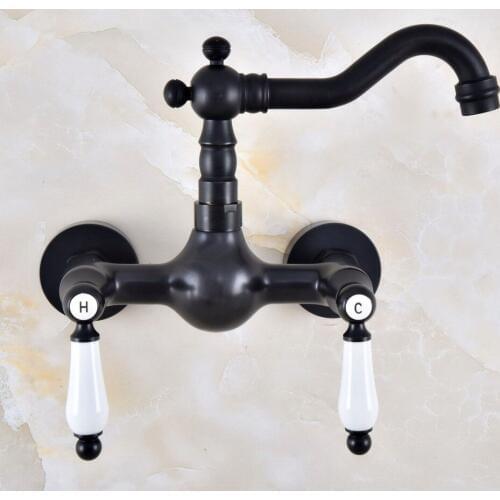 Black Oil Rubbed Bronze Bathroom Kitchen Sink Faucet Mixer Tap Swivel Spout Wall Mounted Two Handles mnf858