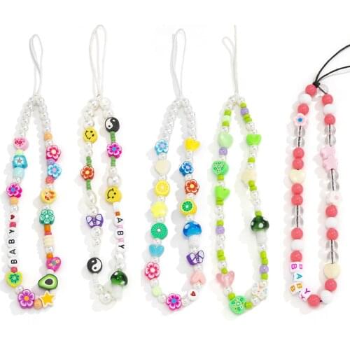 Hot New Woven Love Letter Beaded Anti-lost Phone Chain Soft Ceramic Lanyard Charm Strap Mobile For Girls Phone Choker Keys