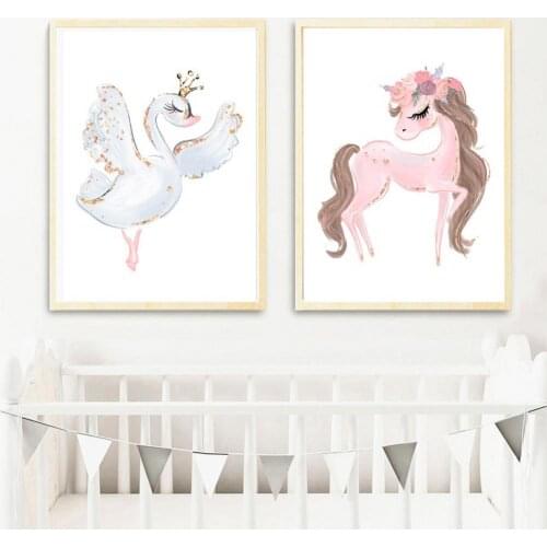 Dropshipping!Nordic Unframed Poster Paintings Pictures Swan Horse Cartoon Wall Painting Girl Room Bedroom Livingroom Home Decor