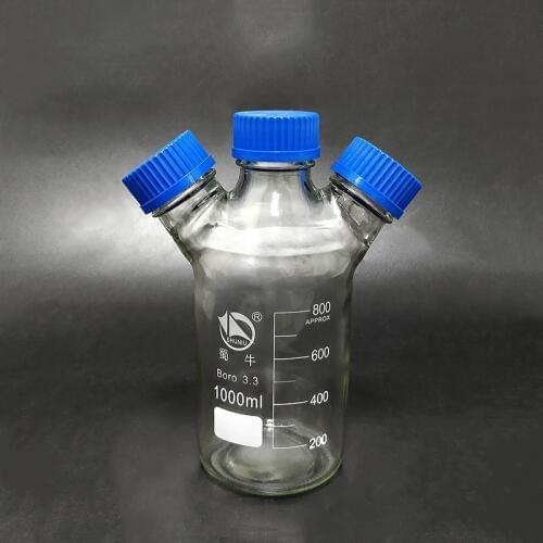 Reagent bottle,With 3 blue screw covers,Borosilicate glass 3.3,Capacity 1000ml,Graduation Sample Vials Plastic Lid with 3 necks