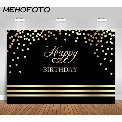 MEHOFOTO Happy Birthday Backdrop Black and Gold Dots Black Birthday Party Photo Backdrop Birthday Decorations for Photobooth