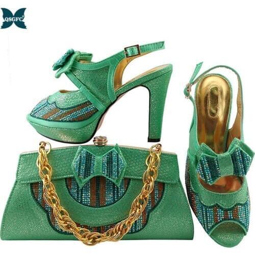Italian design Matching Shoes and Bag Set African Wedding Shoe and Bag set Shoe and Handbag Summer Set Women Water Green color