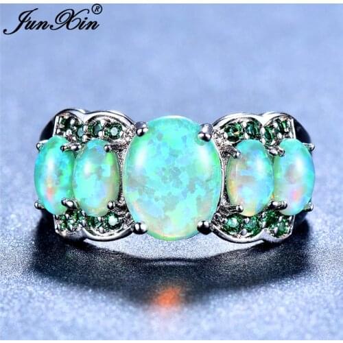 Boho Female Big Oval Stone Ring Silver Color Green Blue Fire Opal Ring Promise Engagement Rings For Women