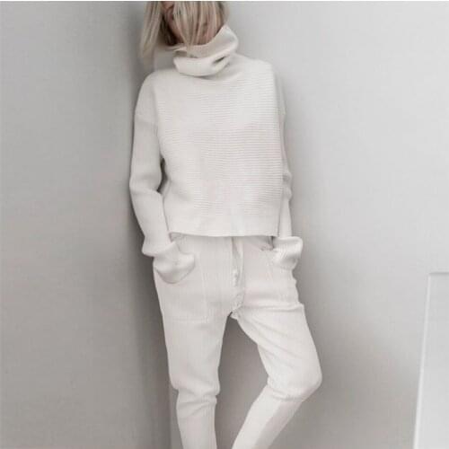 2021 Two Piece Set for Women Casual Long Sleeve Tops and Long Pant Autumn Knit Rib Ladies Elegant Solid Turtleneck Leisure Suits