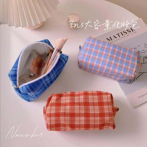 Retro Grid Cosmetics Bag Women Makeup Bag Cloth Toiletries Organizer Ladies Beauty Neceser Case Sweet Make Up Brush Pen Pouch