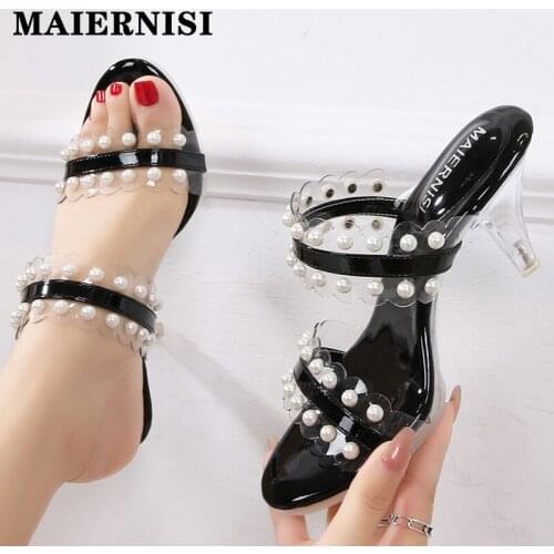 Summer Sliper Confortable Women Shoes Transparent Crystal Sexy High Heels String Bead Ladies Party Dress Sandals One Word With