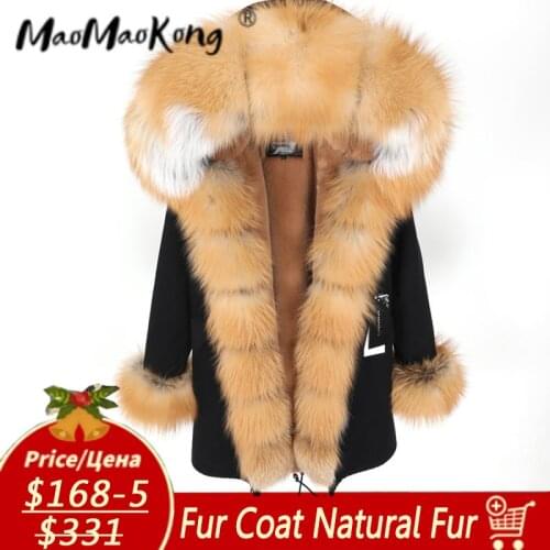 MAOMAOKONG Womens leather jacket Large Natural Fox Fur Hooded Coat Parka Outwear Long Detachable Lining winter jackets