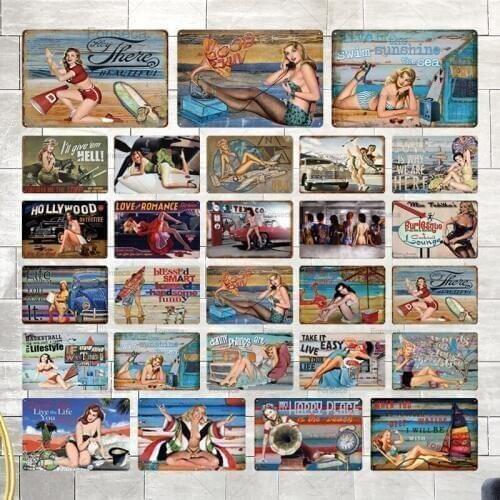 Pin Up Girl Metal Sign Plaque Metal Vintage Metal Poster Sexy Tin Sign Wall Decor for Bar Pub Club Man Cave Retro Signs