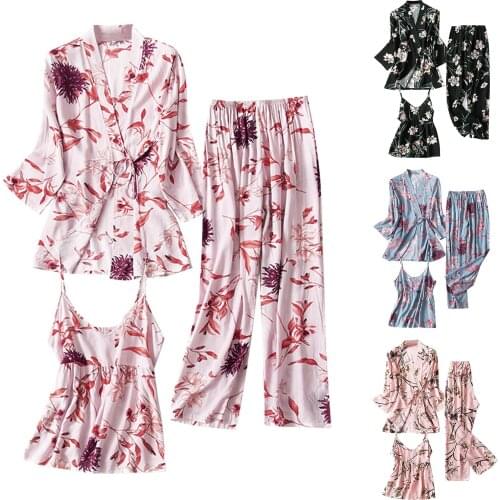 Sexy Women Satin Silk Pijamas Set Women Printing Lingerie Robes Underwear Sleepwear Sexy Loungewear Robe Homesuit