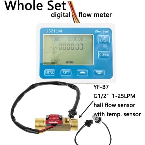 US211M Water Flow Meter and YF-B7 Hall Water Flow Sensor Brass 1-25L/min DC 24V Turbine Flowmeter with NTC50K Temperature