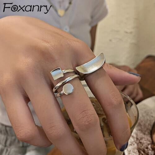 Foxanry Vintage Handmade 925 Sterling Silver Smooth Rings for Women Couples INS Fashion Simple Geometric Bride Jewelry Gifts