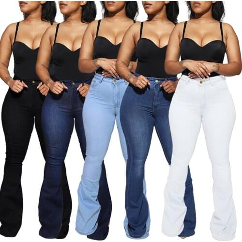 Womens jeans plus size womens fashion personality commuting solid color stretch high waist denim trousers flared pants