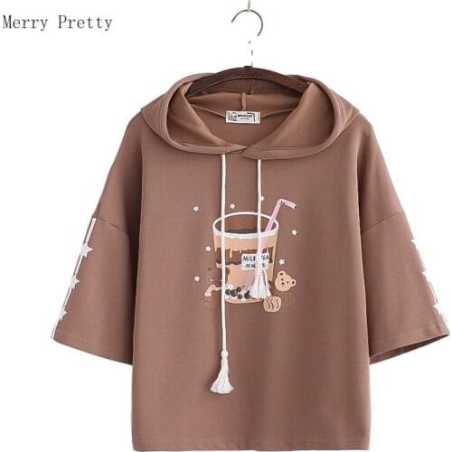 Harakuju Print Kawaii Hoodies Women 2021 Summer Half Sleeve Cotton Hooded Sweatshirts Sweet Style Korean Fashion Drawstring Tops