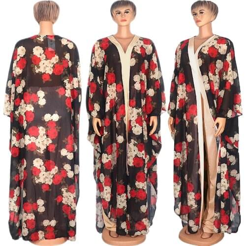 Women Kaftan Loose Plus Size Africa Kanga Clothing Suits Floral Printed Abaya Pants African Chiffon Outfits Fashion 2pcs Set New