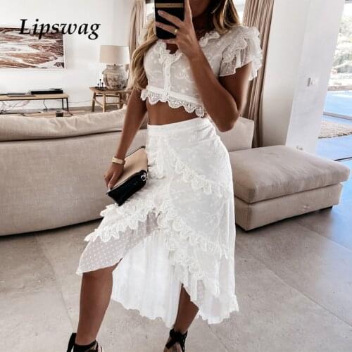 Elegant Solid Embroidery Lace Women Set Fashion Ruffle V-Neck Tops And Irregular Skirts Suits Summer Ladies Two Piece Sets 2021