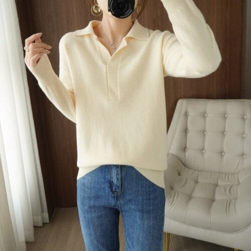 100% Pure Wool Knitwears Women Turn Down Collar Long Sleeve Sweaters Ladies Pullovers Soft Warm Jumpers