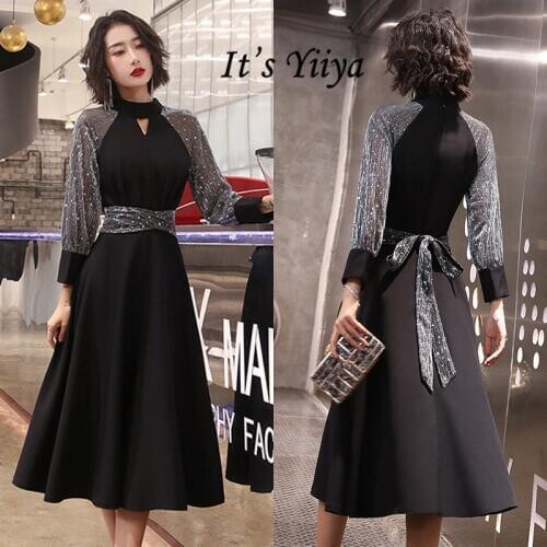 Its Yiiya Black Evening Gown High Collar Sequined Plus Size Evening Dresses for Women Long Sleeve Cut-out Evening Dresses K323