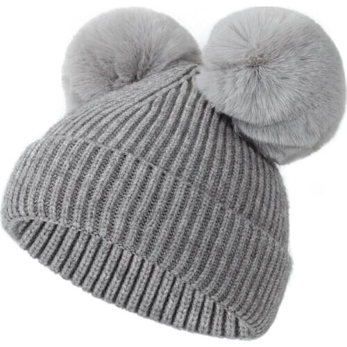 Winter Newborn Baby Hat Lovely Double Pompom Solid Color Infant Knitted Beanie Cap Warm Bonnet