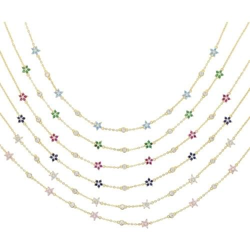 Gold Color Fashion Summer Colorful Rainbow Women Girl Jewelry Various Color Cubic Zirconia CZ Flower Charm Link Chain Necklace