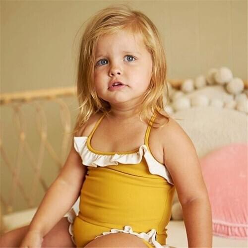 2020 Summer Baby Girl One-Piece Bikini Set New Girls Swimsuit Swimwear Bathing Suit Kids Ruffled Solid Beachwear