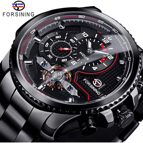 Forsining Black Dial Automatic Mechanical Watch Waterproof Wristwatches Tourbillon Stainless Steel Band Military Watches Reloj