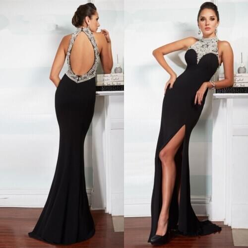 Black Chiffon Mermaid backless 2018 High Neck Beads Pivot Party prom gown vestido de noiva robe de soiree bridesmaid dresses