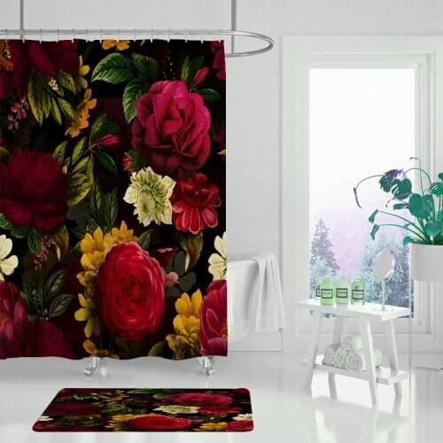 Flower shower curtain for natural bathroom decoration, tropical jungle plant bathroom waterproof and washable polyester fabric