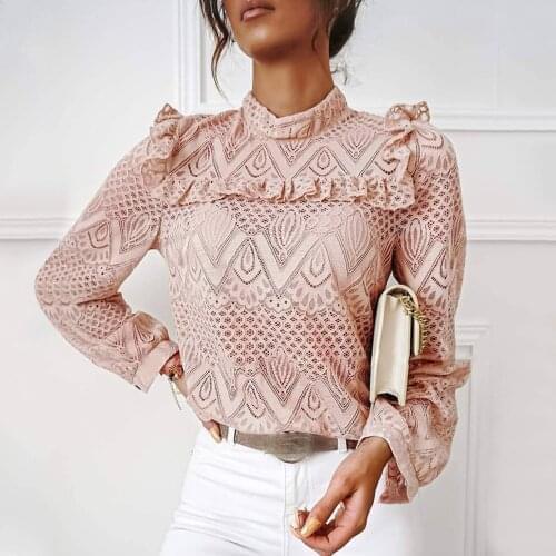 40# Elegant Ruffles Stand Lace Blouses Womens Silod Lace Long Sleeve casual Loose Shirts Vintage Tops Блузка Женская Нарядная