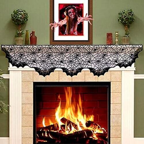 Halloween Decor Props Black Lace Spiderweb Curtain Tablecloth Fireplace Bats Mantle Scarf Trick Or Treat Banner Cosplay