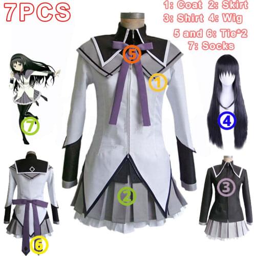 7PCS Full Sets Puella Magi Madoka Magica Homura Akemi Cosplay Skirt Harajuku Dress School Girl Costume Cosplay Wig Carnival Wear