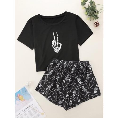 New Style Lady Cartoon Skeleton Fingers Print Short Sleeve T Shirts&Shorts Pajama Set Summer Comfortable Sleepwear Home Suits