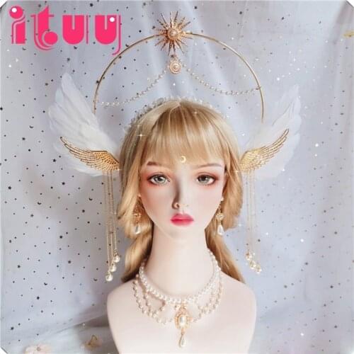 Angel Feather Wings Apollo Sun Godmothers Crown Tassel Bead Chain Headwear Vintage Mary Baroque Tiara Lolita Hair Accessory