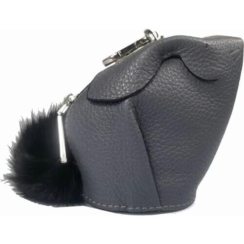 Genuine Leather Handmade Rabbit Coin Purse Customize Animal Cute Girls Bunny Mini Shaped Bag Wallet Pom Keychain Monogram Gray